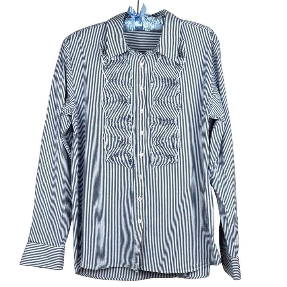 Trina Turk Pinstripe Button-Down Shirt Size L Ruffle Detail Bue White